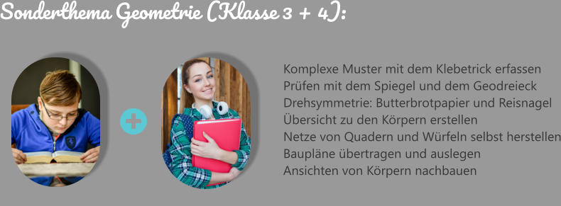 Komplexe Muster mit dem Klebetrick erfassenPrüfen mit dem Spiegel und dem GeodreieckDrehsymmetrie: Butterbrotpapier und Reisnagel Übersicht zu den Körpern erstellen  				Netze von Quadern und Würfeln selbst herstellen Baupläne übertragen und auslegen Ansichten von Körpern nachbauen   				 Sonderthema Geometrie (Klasse 3 + 4):